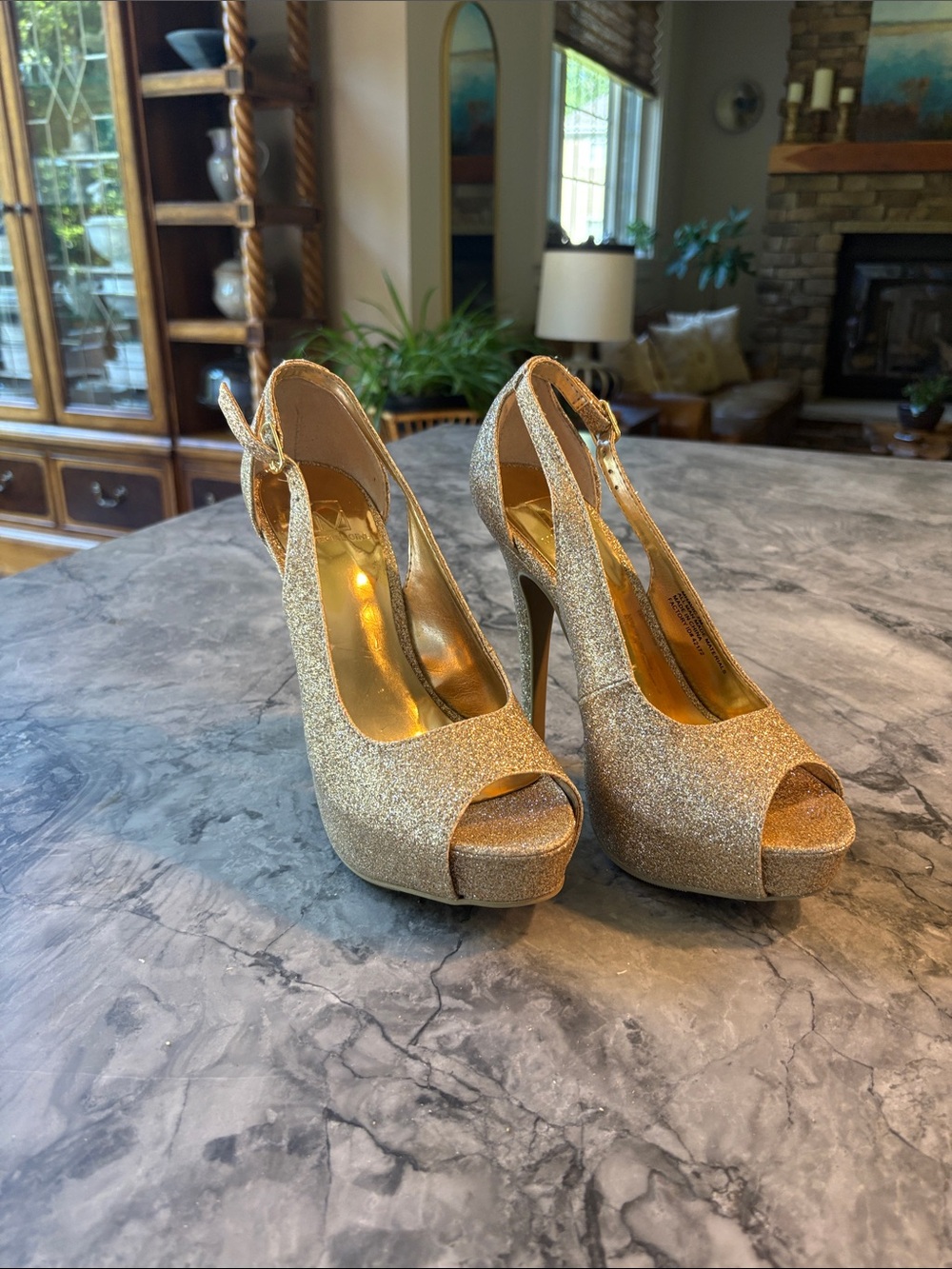 Material Girl Gold Glitter Peep-Toe Platform Slingback Heels